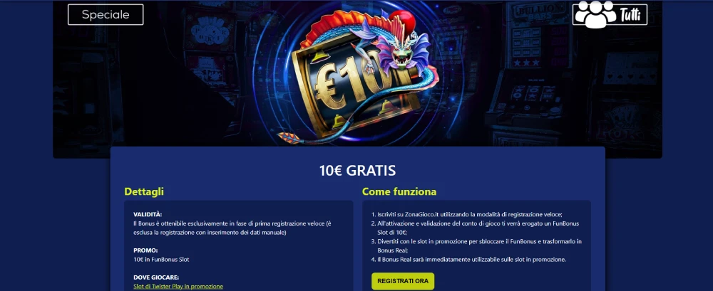 Bonus senza deposito ZonaGioco