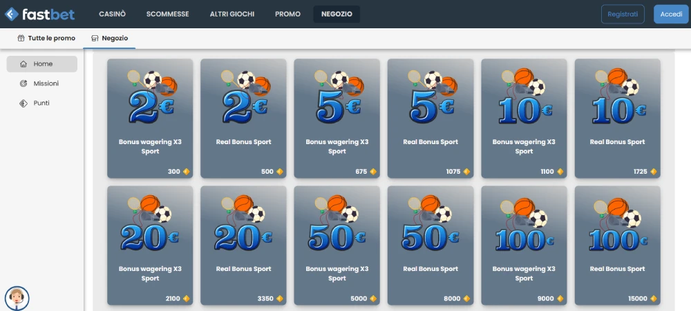 Negozio e missioni del programma fedeltà Fastbet.it